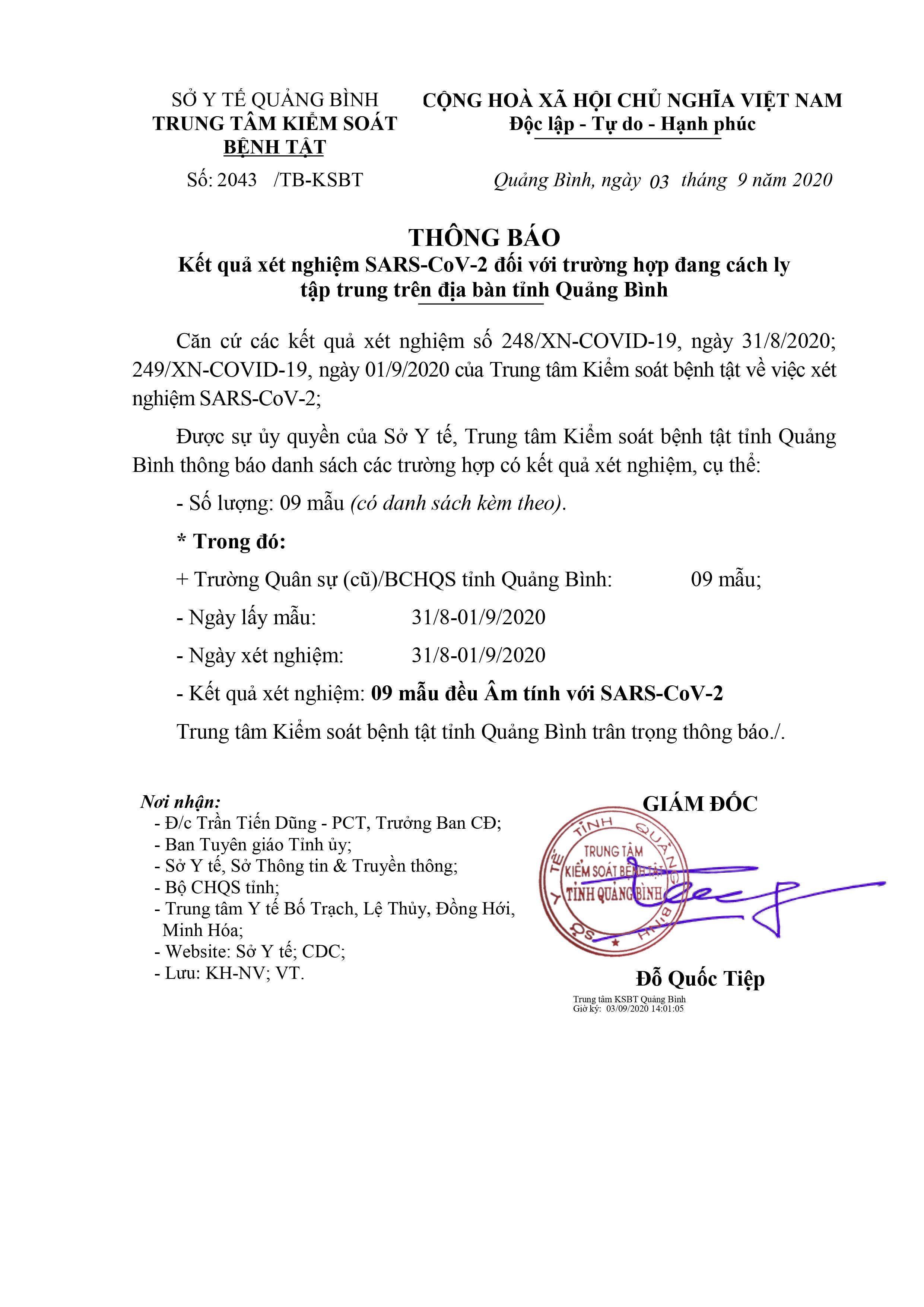 KQ XET NGHIỆM COVID SỐ 2043