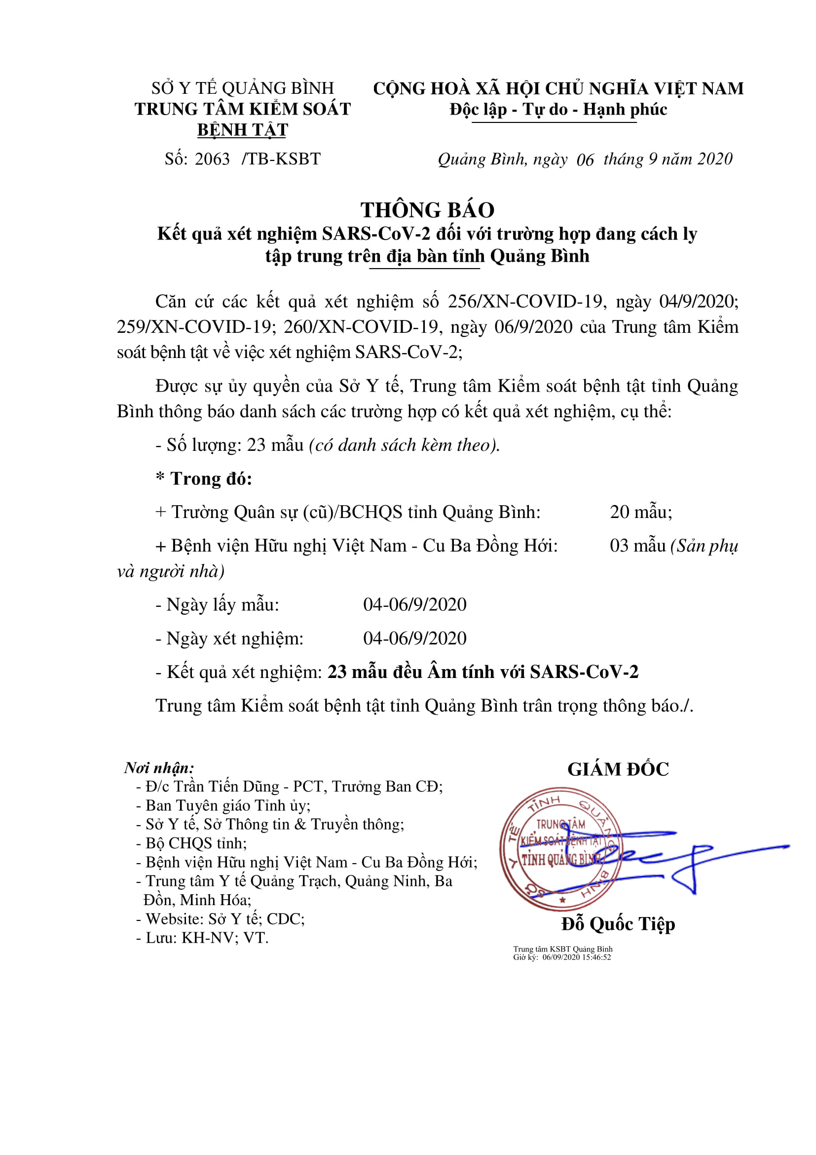 THÔNG BÁO KQ XN 06.09.2020 số 2063
