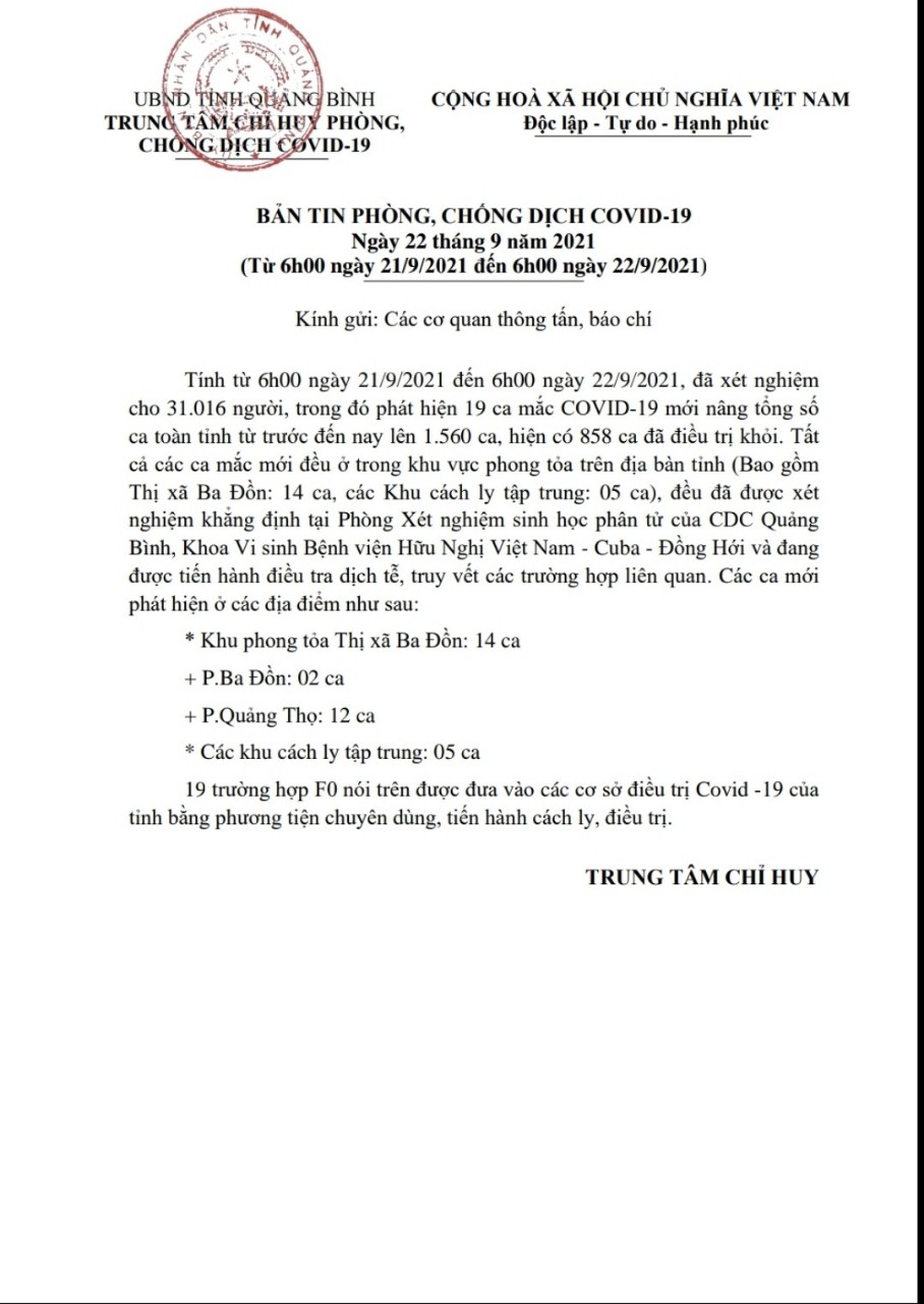 Thông tin dịch Covid 19 tại Quảng Bình tính đến 6h00 ngày 1609 đến 6h00 ngày 17920212