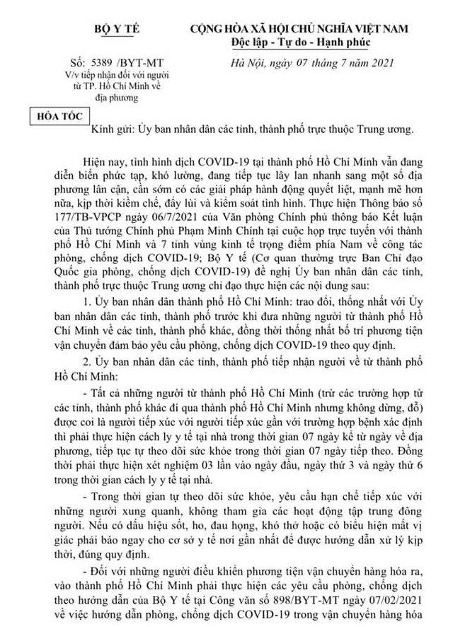 Tiếp nhận người từ TP HCM về 2