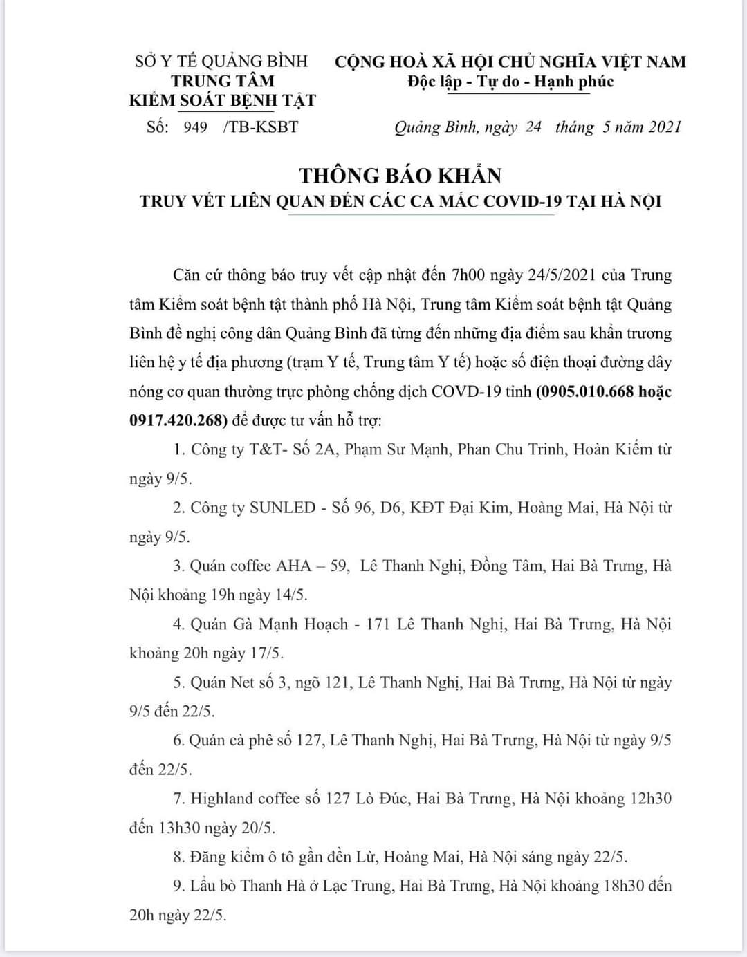 thông báo khẩn 24 5 2021